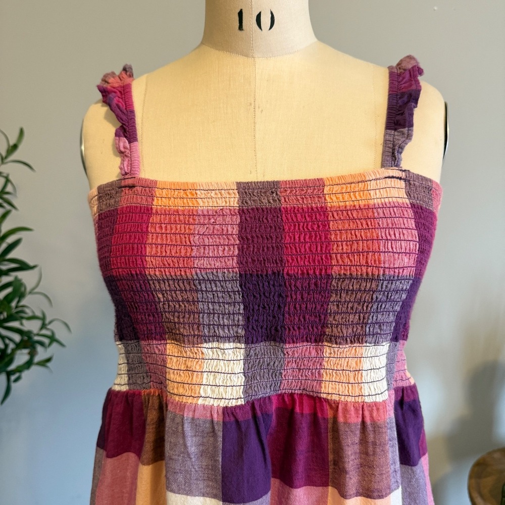 Plaid Smocked Sundress Cotton Pink Purple Midi Cottagecore Summer Dress 12 - Picture 3 of 10